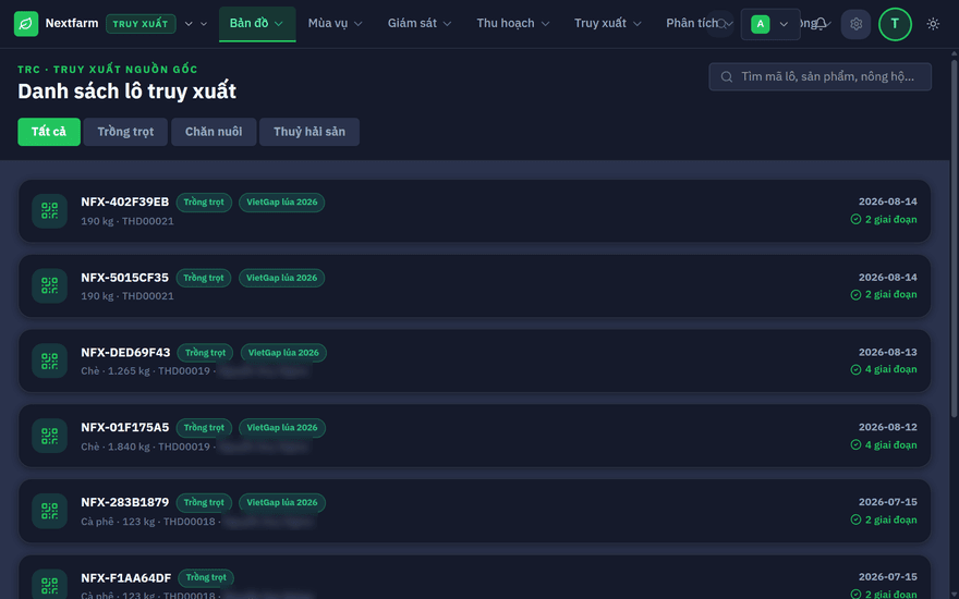 Màn hình danh sách lô truy xuất trên Nextfarm